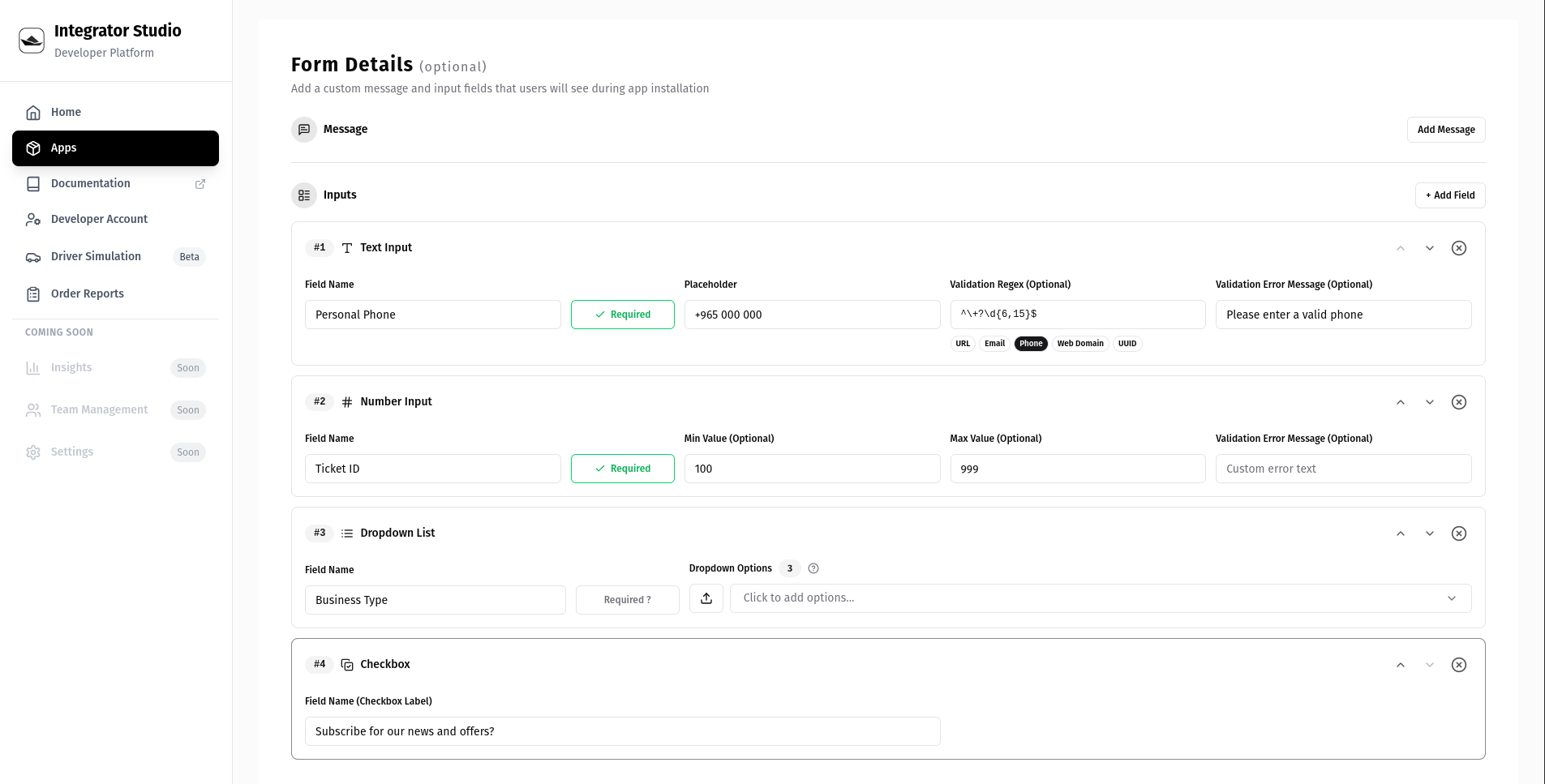 App Inputs Configuration